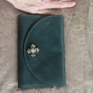 Vera Bradley Dark Green Leather Wallet with Silver-Tone Cross Accent